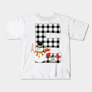 BW Buffalo Checks Pattern Monogram E | Snowman Kids T-Shirt